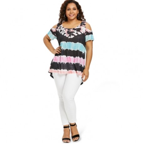 Plus Size Color Blocking Cold Shoulder T-shirt (MULTI)