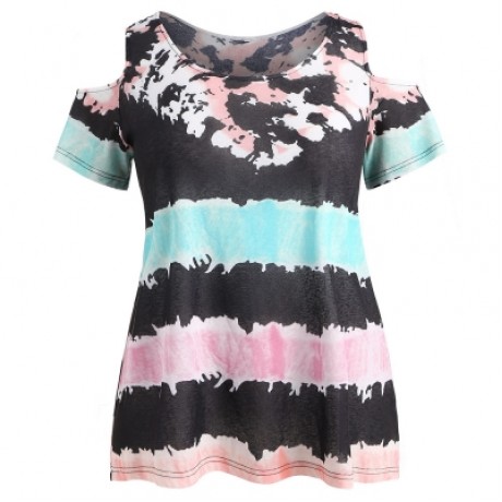 Plus Size Color Blocking Cold Shoulder T-shirt (MULTI)