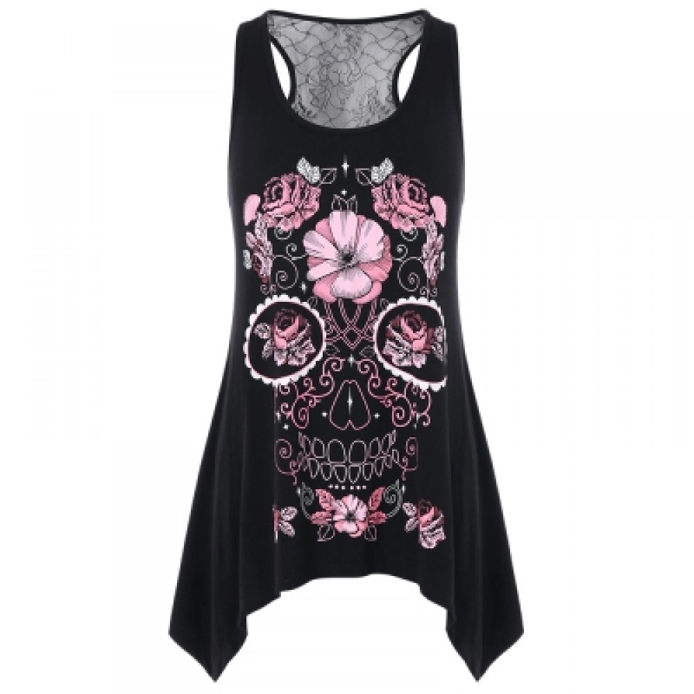 Flowered Skull Printed Lace Back Tank Top (BLACK)