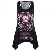 Flowered Skull Printed Lace Back Tank Top (BLACK)