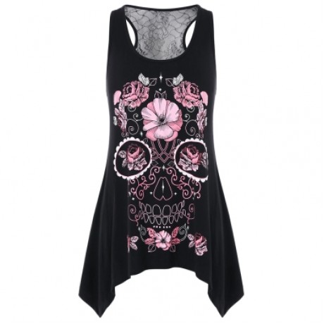 Flowered Skull Printed Lace Back Tank Top (BLACK)