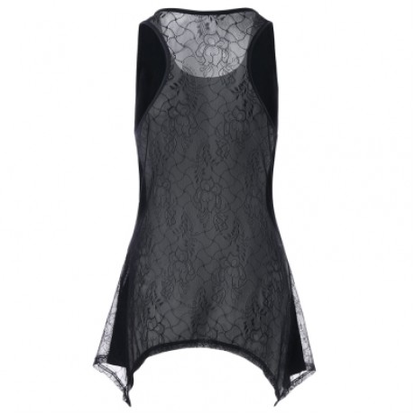 Flowered Skull Printed Lace Back Tank Top (BLACK)