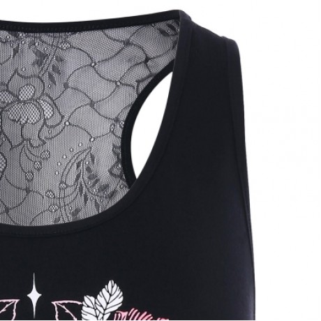 Flowered Skull Printed Lace Back Tank Top (BLACK)