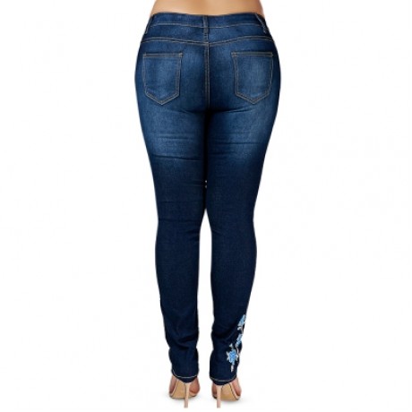 Plus Size High Waist Floral Embroidered Skinny Jeans (DENIM BLUE)