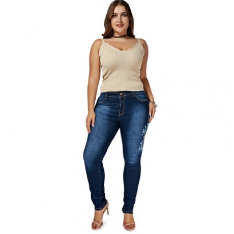Plus Size High Waist Floral Embroidered Skinny Jeans (DENIM BLUE)