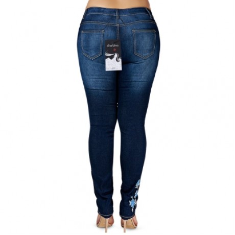 Plus Size High Waist Floral Embroidered Skinny Jeans (DENIM BLUE)