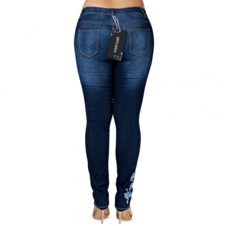 Plus Size High Waist Floral Embroidered Skinny Jeans (DENIM BLUE)