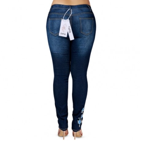 Plus Size High Waist Floral Embroidered Skinny Jeans (DENIM BLUE)