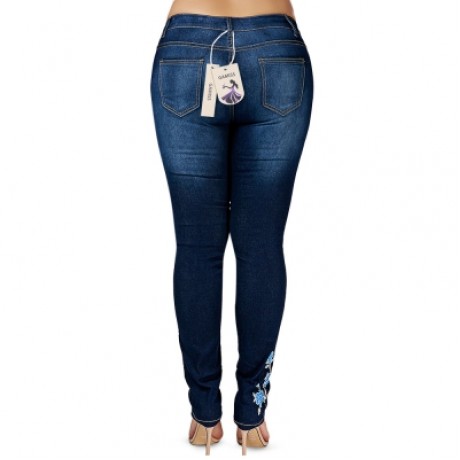 Plus Size High Waist Floral Embroidered Skinny Jeans (DENIM BLUE)
