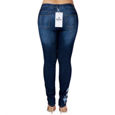 Plus Size High Waist Floral Embroidered Skinny Jeans (DENIM BLUE)