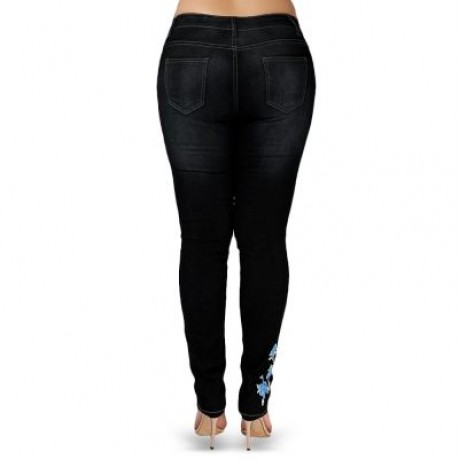 Plus Size High Waist Floral Embroidered Skinny Jeans (BLACK)