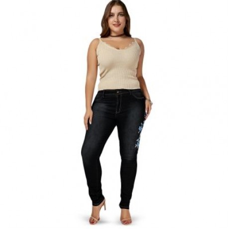 Plus Size High Waist Floral Embroidered Skinny Jeans (BLACK)