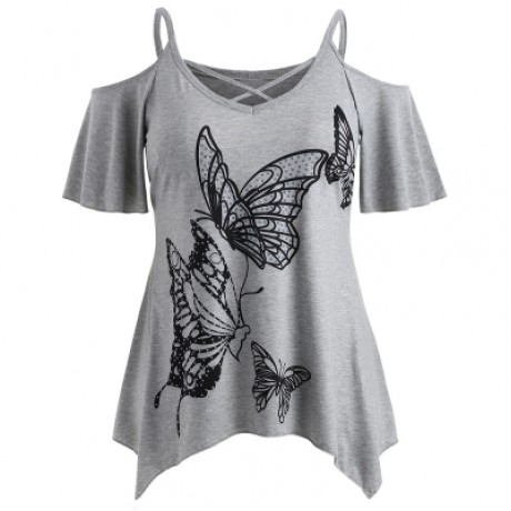Shoulder Cut Plus Size Butterfly T-shirt (LIGHT GRAY)