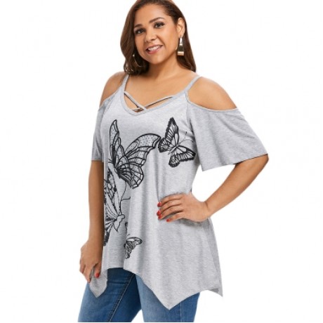 Shoulder Cut Plus Size Butterfly T-shirt (LIGHT GRAY)