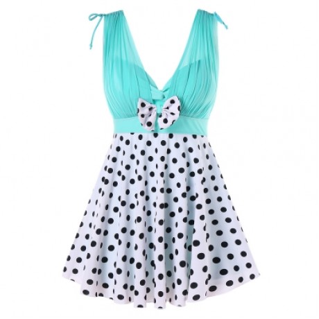 Plunging Neck One Piece Polka Dot Swimwear (MACAW BLUE GREEN)