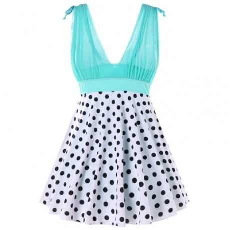 Plunging Neck One Piece Polka Dot Swimwear (MACAW BLUE GREEN)