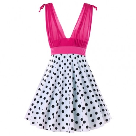 Plunging Neck One Piece Polka Dot Swimwear (DIMORPHOTHECA MAGENTA)