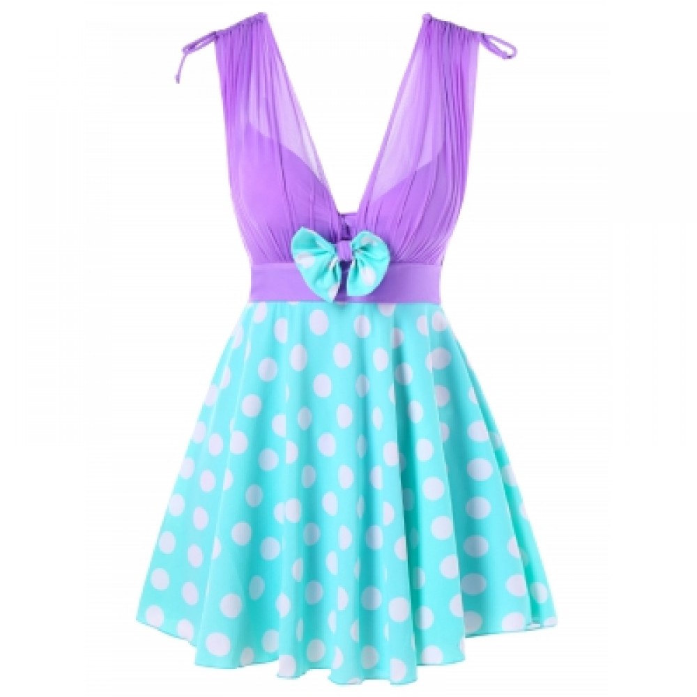 Plunging Neck One Piece Polka Dot Swimwear (TYRIAN PURPLE)