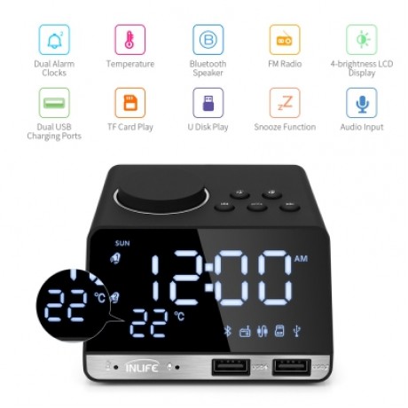 INLIFE K11 BLUETOOTH 4.2 MULTIPURPOSE ALARM CLOCK SPEAKER (BLACK)