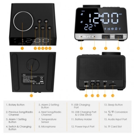 INLIFE K11 BLUETOOTH 4.2 MULTIPURPOSE ALARM CLOCK SPEAKER (BLACK)