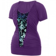 Plus Size Ruffle Trim Sequined T-shirt (PURPLE)