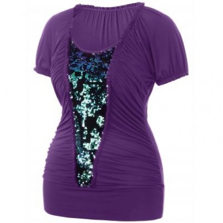 Plus Size Ruffle Trim Sequined T-shirt (PURPLE)