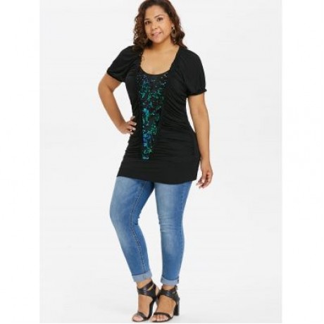 Plus Size Ruffle Trim Sequined T-shirt (BLACK)