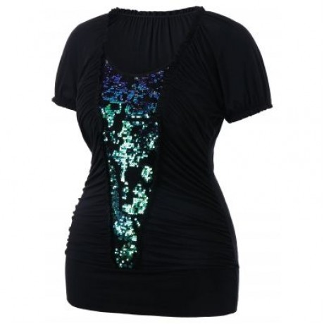 Plus Size Ruffle Trim Sequined T-shirt (BLACK)