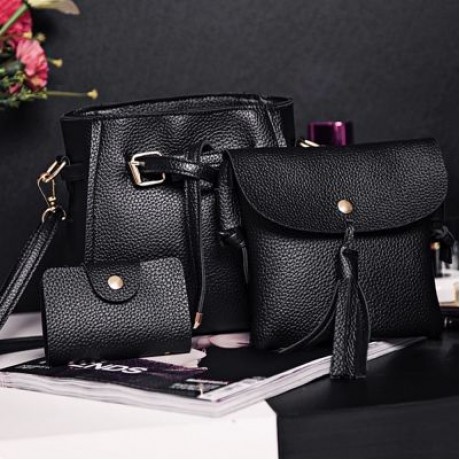 4pcs Elegant Tassel Women Shoulder Crossbody Composite Bag Card Holder Wristlet (BLACK)