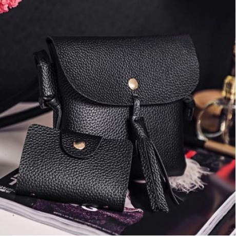 4pcs Elegant Tassel Women Shoulder Crossbody Composite Bag Card Holder Wristlet (BLACK)