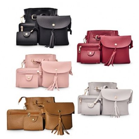 4pcs Elegant Tassel Women Shoulder Crossbody Composite Bag Card Holder Wristlet (BLACK)