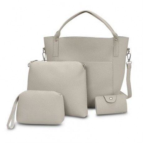 4pcs Women PU Leather Handbag Shoulder Crossbody Bag Wristlet Card Holder (LIGHT GRAY)