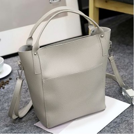 4pcs Women PU Leather Handbag Shoulder Crossbody Bag Wristlet Card Holder (LIGHT GRAY)