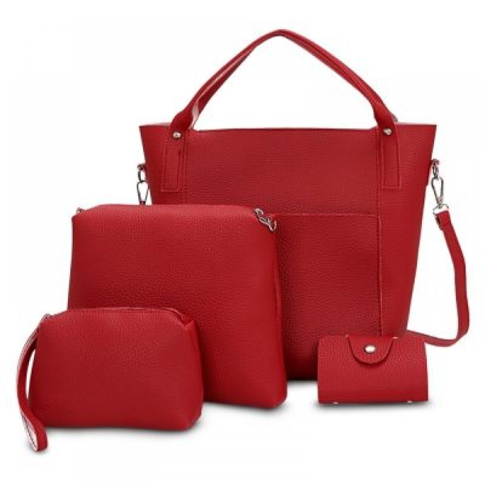 4pcs Women PU Leather Handbag Shoulder Crossbody Bag Wristlet Card Holder (RED WINE)