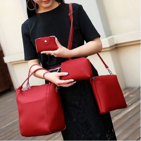 4pcs Women PU Leather Handbag Shoulder Crossbody Bag Wristlet Card Holder (RED WINE)