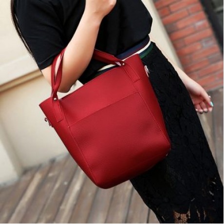 4pcs Women PU Leather Handbag Shoulder Crossbody Bag Wristlet Card Holder (RED WINE)