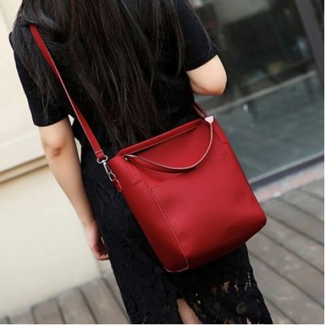 4pcs Women PU Leather Handbag Shoulder Crossbody Bag Wristlet Card Holder (RED WINE)