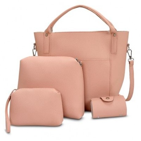 4pcs Women PU Leather Handbag Shoulder Crossbody Bag Wristlet Card Holder (PINK)