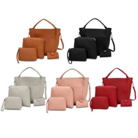 4pcs Women PU Leather Handbag Shoulder Crossbody Bag Wristlet Card Holder (PINK)
