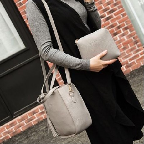 3pcs Tassel Elegant Handbag Women Shoulder Tote Crossbody Composite Bag Wristlet (LIGHT GR
