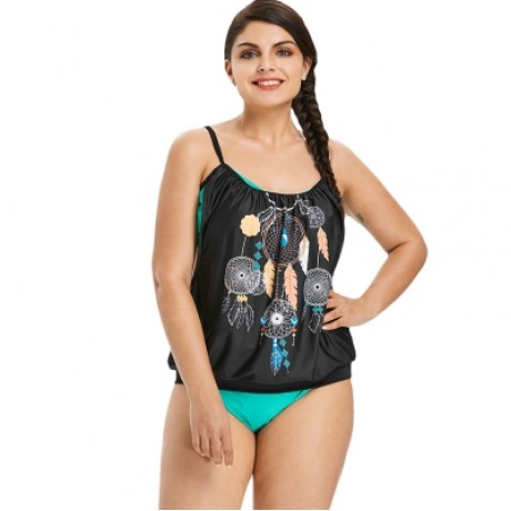 Plus Size Feather Pattern Tankini Set (BLACK)