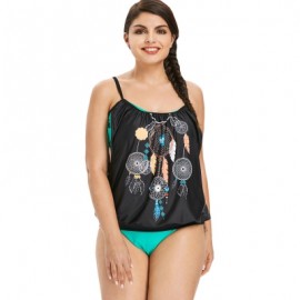Plus Size Feather Pattern Tankini Set (BLACK)