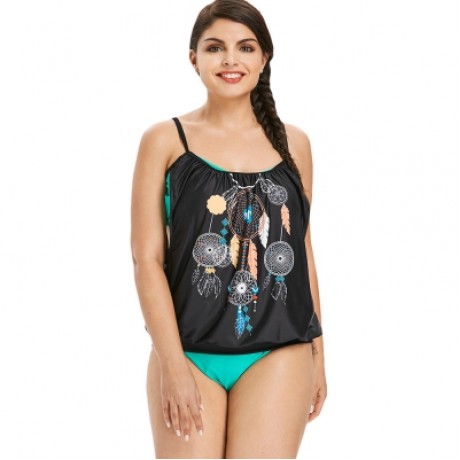 Plus Size Feather Pattern Tankini Set (BLACK)