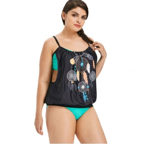 Plus Size Feather Pattern Tankini Set (BLACK)