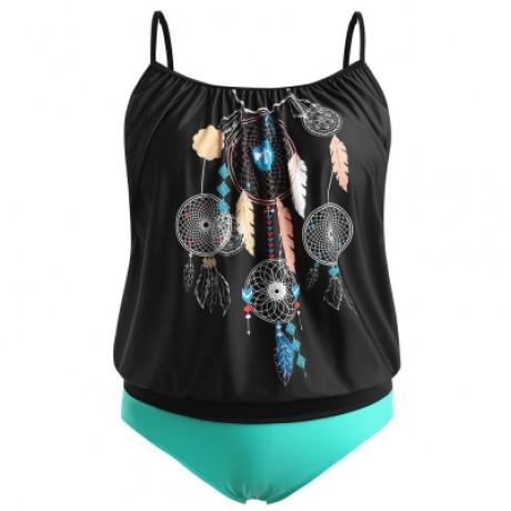 Plus Size Feather Pattern Tankini Set (BLACK)