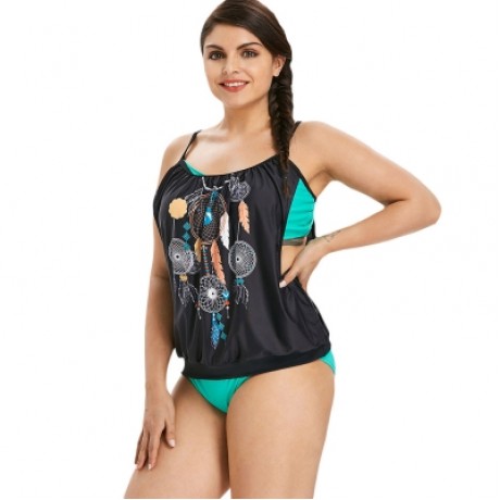 Plus Size Feather Pattern Tankini Set (BLACK)