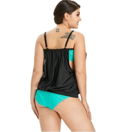Plus Size Feather Pattern Tankini Set (BLACK)