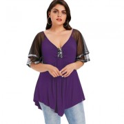 Plus Size V Neck Glittery Mesh Shoulder T-shirt (PURPLE)