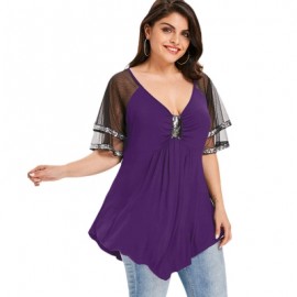 Plus Size V Neck Glittery Mesh Shoulder T-shirt (PURPLE)