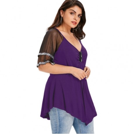 Plus Size V Neck Glittery Mesh Shoulder T-shirt (PURPLE)